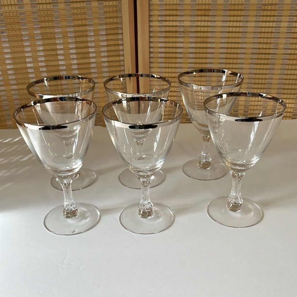 Vintage Fostoria platinum rim wedding ring crystal glasses, set of six